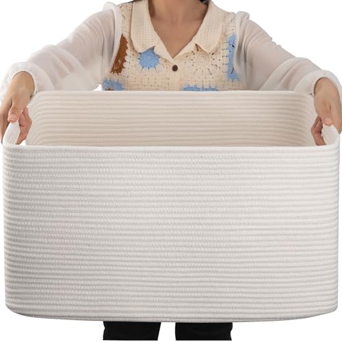 Image of OIAHOMY 75L Large Blanket Basket, Woven Cotton Rope Baskets for Organizing, 22”x17”x12”, Blanket Basket living Room, Bedroom, Nursery, Dog Toy Storage Bins, White
