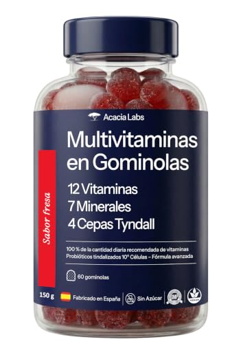 Multivitaminas Gominolas Adultos Sabor Fresa - 12 Vitaminas, 7 Minerales, 4 Probióticos Tindalizados - 60 Gummies - 100% Cantidad Diaria - La única con una fórmula tan completa