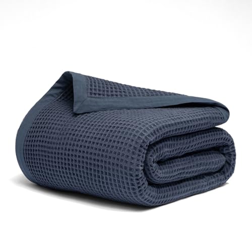 Image of GOTS Certified 55 inchX60 inch Throw 100% Organic Cotton Waffle Blanket-Navy Blue | Premium Waffle Blankets & Throws for Bed, Throw Blanket for Couch, Modern & Cozy Blanket, All Season, Comfy and Soft Blankets