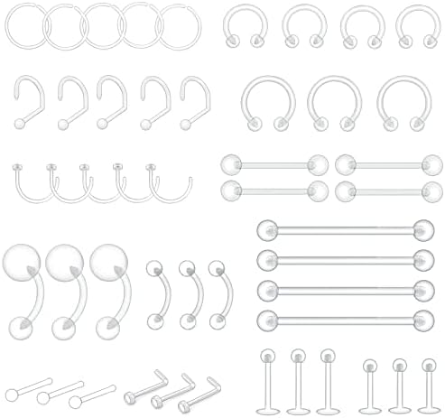 ZUYASSNEI 48pcs Clear Piercing Retainers Bioflex Nose Tongue Belly nipple rings Plastic Earings Eyebrow Cartilage Tragus Lip Septum Hoop Nose Stud Industrial Bar Piercing Jewelry For Surgery.