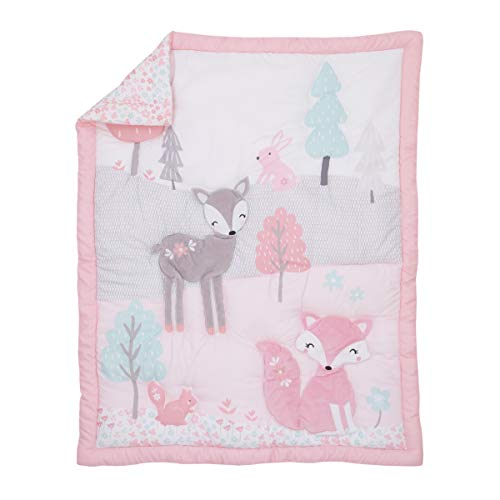 Nojo Sweet Forest Friends - Pink, Aqua, Grey & White 4Piece Nursery Crib Bedding Set - Comforter, Fitted Crib Sheet, Dust Ruffle, Diaper Stacker, Pink, Aqua, Grey, White #TOP2
