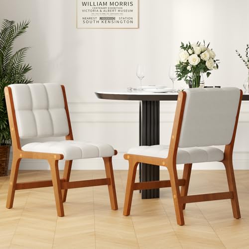 Furniliving Oak Wooden Dining Chairs Set of 2, Mid-Century Modern Linen Fabric Upholstered Kitchen Chair, Farmhouse Dining Room Chairs with Wide Seat, Beige