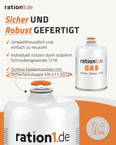 ration1 Gaskartusche 450 g – Schraubkartusche mit EN 417 Gewinde, Butan-Propan-Gas – ideal für Campingkocher, Outdoor, Notfall & Festival (Packung mit 2)