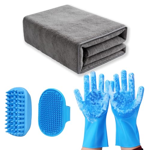 Image of 4PCS Dog washing kit,Dog Bath Brush | Dog Washing Gloves | Microfiber Large dog towel 56'' X 28'',Very suitable for bathing, swimming, outdoor activities, and camping for large and medium-sized dogs.