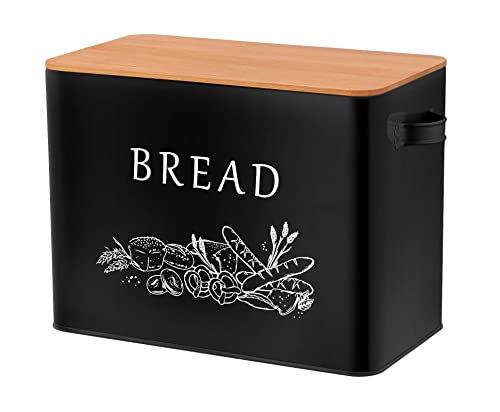 Teamfar Bread Box With Wooden Lid, 13.1” X 7.2” X 9.7” Metal Bread Container Storage Holder For Family Farmhouse Kitchen Countertop, Powder-Coated & Healthy, Large Capacity & Classic Pattern (Black) #TOP14