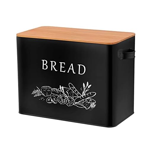 TeamFar Bread Box with Wooden Lid, 13.1” x 7.2” x 9.7” Metal Bread Container Storage Holder for Family Farmhouse Kitchen Countertop, Powder-Coated & Healthy, Large Capacity & Classic Pattern (Black)