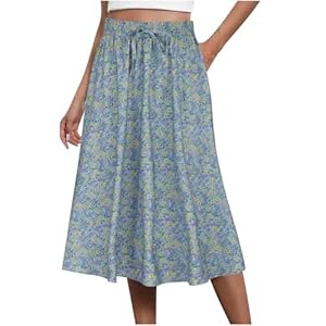 Womens Skirts 2024 Trendy Printed High Rise Elastic Waist Skirt Casual Loose Fit Knee Length Skirt with Pockets