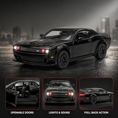 Image of DREAMY DEN Dodge Challenger Toy Car for Kids 3+ Years | 1:32 Diecast Metal Pull Back Car with Sound & Lights | Openable Doors Racing Car Model (1:32 Dodge Challenger-Black)
