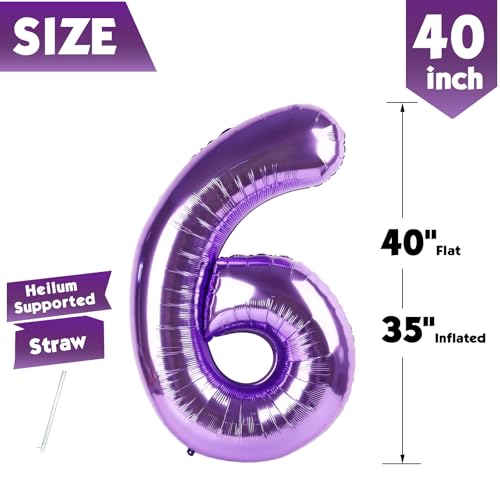 Image of 40 Inch Purple Number 6 Balloon Birthday Party Decorations for Men & Women | 40 Inch Purple inflatable foil number balloons, large birthday decorations for 6th birthday