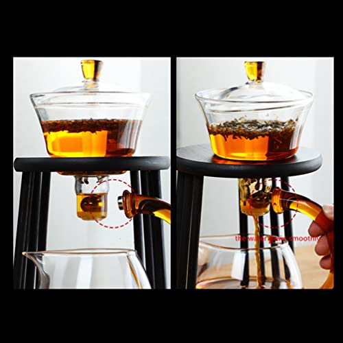 Mozeo Glass Semi-Automatic Tea Set Wooden Glass Tea Set Water Diversion Rotating Cover Bowl Lazy Tea Maker Teapot Kungfu Fu Teacup (Wooden Yellow Handle Teapot) #TOP2
