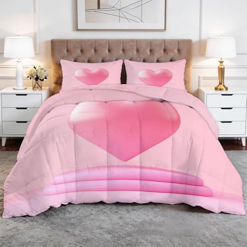 XCQHZYQ Edredon Nordico Cama 105 Moderno Corazón 3D Minimalista, Colcha Infantil Relleno Nordico 180x220 cm de Microfibra, Edredón 4 Estaciones Reversible Rosa, con 2 Fundas de Almohada