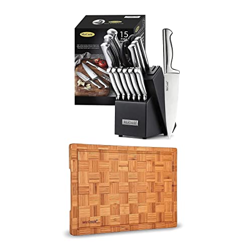 McCook MC21 German Stainless Steel Knife Block Sets with Built-in Sharpener + MCW12 Bamboo Cutting Board(Large, 17â€x12â€x1â€)