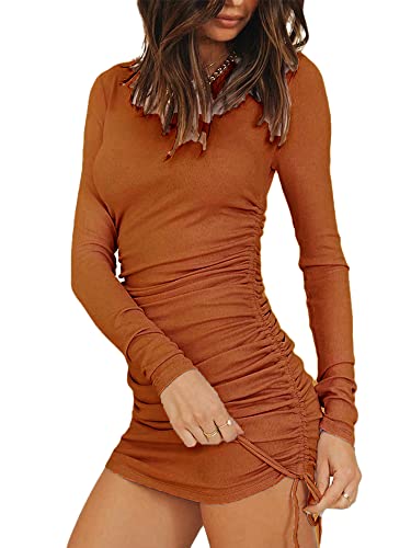 YILEEGOO Women Bodycon Ruched Mini Dress Long Sleeve Side Drawstring Stretchy Casual Ribbed Knit Party Club Dress (Brown, L)