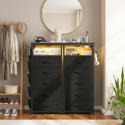 Image of EnHomee Nightstands Set of 2 with 5 Drawers, Black Dresser with Charging Station and LED Light, Tall Nightstand with Extra Side Bag & Hooks, Bedroom, Closet, Hallway, Entryway, Black