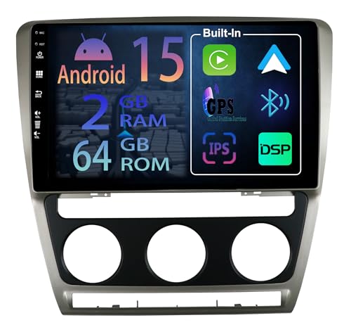 Radio Carplay stéréo wireless Skoda Octavia 2006-2014 avec écran tactile Android 15 2+64 Go