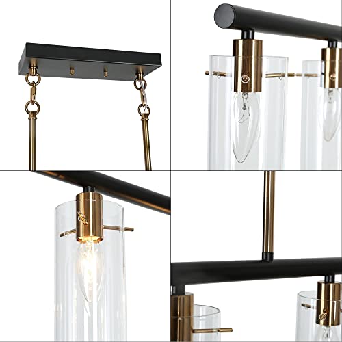 Zevni 5-Light Kitchen Island Lighting, Black Gold Linear Pendant Lighting, Modern Chandelier For Dining Room With Cylinder Clear Glass Shades, 36" L #TOP5