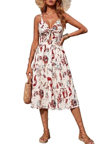 Image of Angashion Women's Dresses-Summer Floral Bohemian Spaghetti Strap Button Down Swing Midi Dress