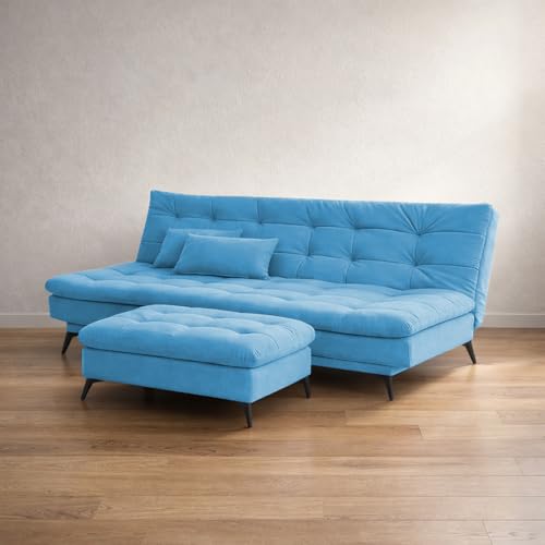 Image of Krancy Solid Wood 3 Seater Sofa Cum Bed with Ottomon | Convertible Wooden Couch for Living Room, Home & Office | Modern Designer Furniture | 1 Year Warranty | Aqua Blue Color