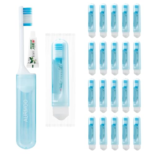 AURMOO 20 Stück Reisezahnbürste mit Zahnpasta Klappbar Reise Zahnbürste Set Klappbar Zahnbürste Foldable Travel Toothbrush Handzahnbürste für Reisen Hotel Zahnbürsten Einzeln Verpackt Blau