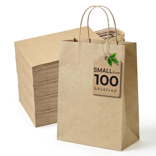 Small Paper Gift Bags with Handles Brown Paper Bags 100 pcs 5.9x3.1x8.2 Sturdy Small Gift Bag Bulk Kraft Wrap Shopping Bags for Small Business Retail Merchandise Wedding Birthday Goodie Party Favor