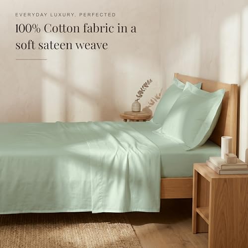 Image of Huesland 100% Pure Cotton Luxe Soft Touch Bedsheet 300 TC - Premium Luxury Bedsheet for Double Bed King Size | Misty Jade | 108 x 108 inches