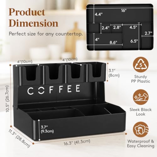 Image of Lifewit 2-tier Coffee Station Organizer Caddy for Countertop, 11 Compartments Coffee Bar Organizers for Cups, Pods, Sugar, Compact Condiment Holders Storage for Office Breakroom Kitchen Home Black