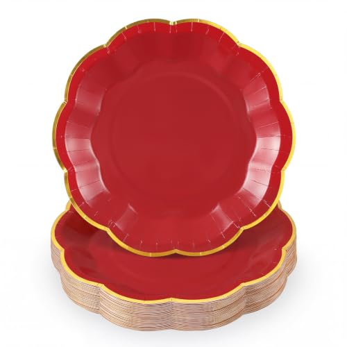 Image of 30 Pcs Red Plates with Gold Trim 7 Inch Scalloped Red and Gold Paper Plates