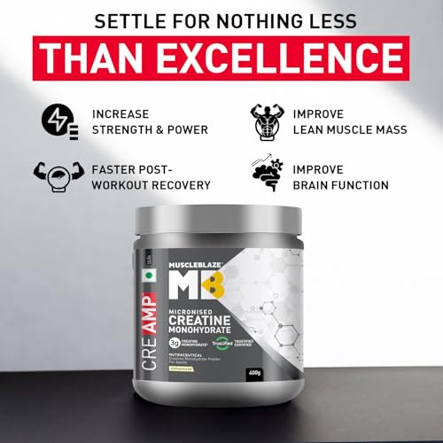 Image of MuscleBlaze Micronised Creatine Monohydrate CreAMP Powder, Unflavoured (129 servings, 400g) | Trustified Certified Creatine