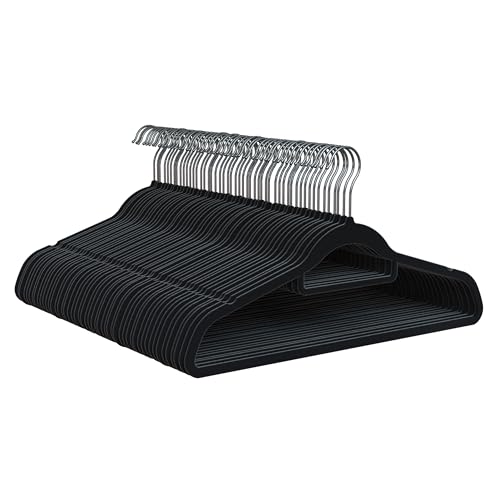 PORTENTUM Perchas de Terciopelo, Set de 50, Negro - Antideslizantes con Gancho Giratorio 360º, Muescas y Soporte Accesorios, Ahorra Espacio 0,6 cm Espesor, Made in Spain