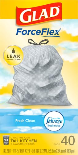 Image of Glad ForceFlex Tall Kitchen Trash Bags, 13 Gallon, Gain Fresh Clean, 40 Count (Package May Vary) (Pack of 6)