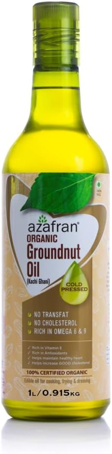 Azafran Organic Peanut Oil | Organic Groundnut Oil | Cold Pressed Organic Peanut Oil for Deep Frying - Non-GMO Vegan Keto-Friendly Natural Cooking Oil 33.81 fl oz