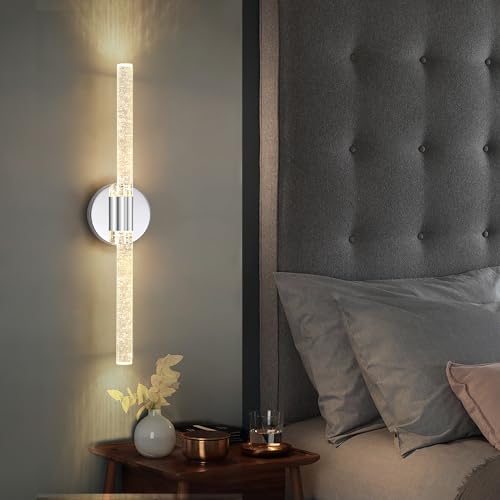 Image of Chrome Wall Sconce, 26'' Crystal Bathroom Light, LED Vanity Light, Dimmable, Over Mirror with Crystal Bubble Glass (3 Color Temperature)