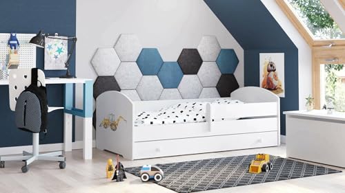 Dmora - Kinderbett Lodz, Kinderbett für Schlafzimmer, Einzelbett mit Kommoden, Struktur mit ausziehbarem Bett, 77x144 h56 cm, Weiß mit Bagger