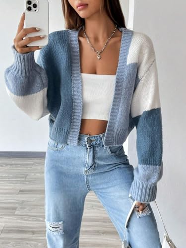 Image of SISKIN Fall Cropped Cardigan Sweaters for Women Lightweight,Color Block Oversized Cardigan Sweater