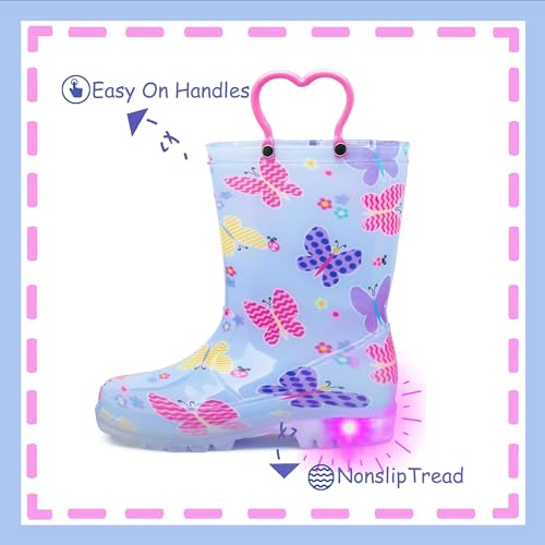 Image of Outee Toddler Girls Rain Boots Little Kids Baby child Light Up Waterproof Rubber LED Shoes Printed Mud Lightweight Adorable with Easy-On Handles Non Slip Sole Pink Blue Butterfly Size 10