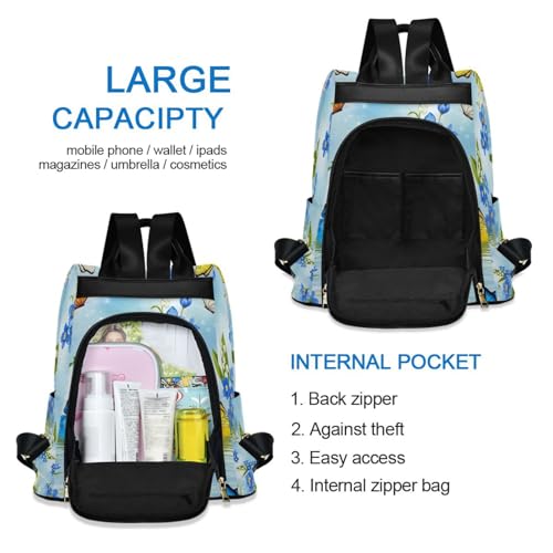 Mochila antirrobo mujer flores azules y blancas con pompón para viaje y uso diario cómodo 5