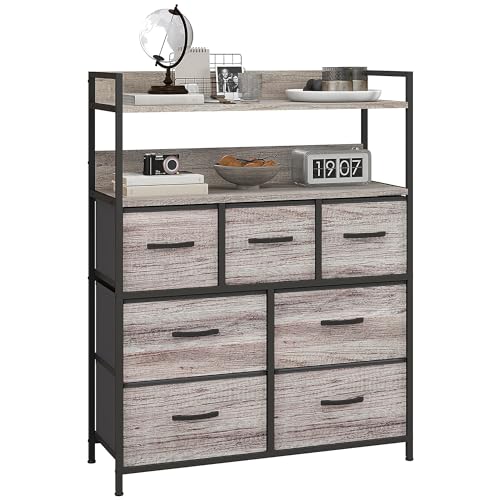 HOMCOM Commode Chambre Meuble de Rangement Commode 7 tiroirs en Tissu Pliables et Amovibles avec étagères Ouvertes et Cadre en Acier, chiffonnier pour Salon, Chambre, entrée, Gris