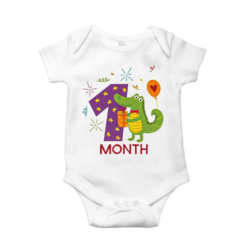Image of Monthly Birthday Romper for Newborn Baby | Unisex Half Sleeve Bodysuit with Envelope Neck | Soft Cotton Outfit with 1 to 12 Month Print | Comfortable Infant Wear for Boys & Girls