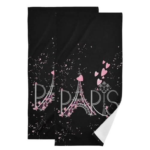 HUAZHIKOU Eiffel Tower Chic Paris Hand Towels for Bathroom Set of 2 Romantic Theme Black Pink Face Towels Microfiber Modern French Kitchen Towels Decorative Bathroom Towel for Shower Guest 14