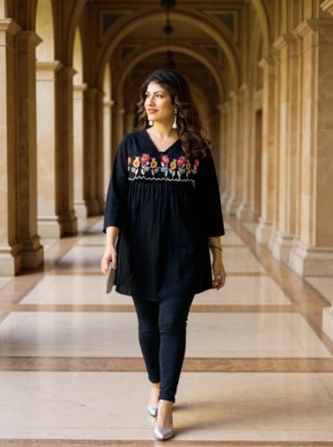 Image of Women's Viscose Cotton Embroidered Tunic Dress | Ethnic Motif 3 /4 Sleeve V-Neck Dress