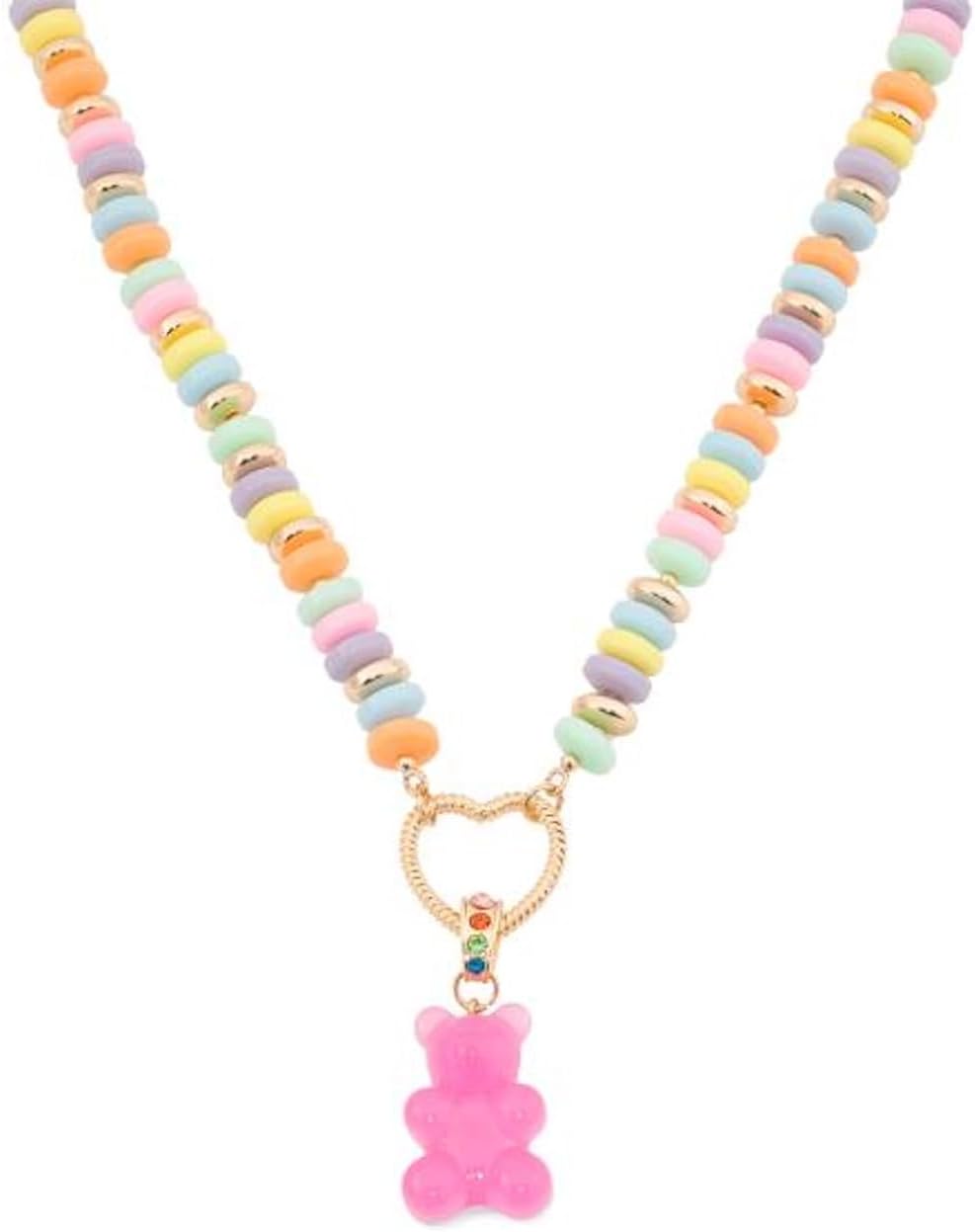 Betsey Johnson Gummy Bear Short Pendant Necklace, Rainbow Candy Beaded, Gold Plated, 17 Inch with 3 Inch Extender
