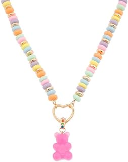 Gummy Bear Short Pendant Necklace, Rainbow Candy Beaded, Gold Plated, 17 Inch with 3 Inch Extender