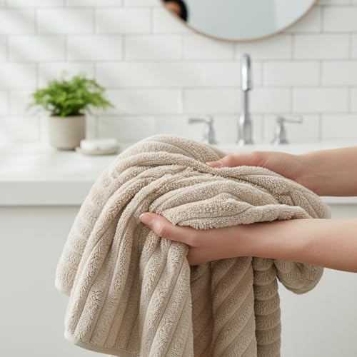 Image of 6 Pack Hand Towels, 16 inchx28 inch Microfiber Towels, Beige | Soft touch feel, quick dry, Highly Absorbent, hanging loop, lint free, durable for daily bathroom, gym, spa, kitchen use