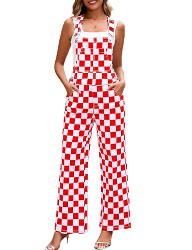 YXLUOKY Overalls for Women Loose Fit Jumpsuits Fashion Checkered Straight Leg Pants Stretch Bib Coveralls(Red Checkered L)