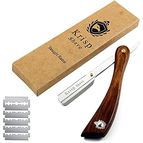 Professional Straight Edge Shaving Razor Safety - Krisp Beauty Natural Wood Handle Wet Shave Manual Shavette Razor For Men Barber Salon Quality Stainless Steel with 5 Double Edge Shaving Blades Cover