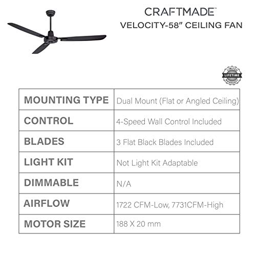 Craftmade VE58FB3 Velocity Aerodynamic Modern Industrial Heavy-Duty 58 Inch Ceiling Fan thumb #3