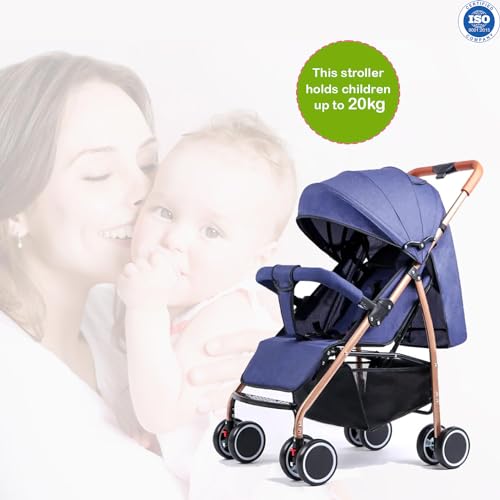 Image of Safe-O-Kid Rover Baby Stroller /Pram with 1 Year Warranty for 0 to 3 Years Travel Friendly with XL Canopy, 5 Point Safety Harness, One Hand Fold, Adjustable backrest, 360 Swivel Wheel - Blue