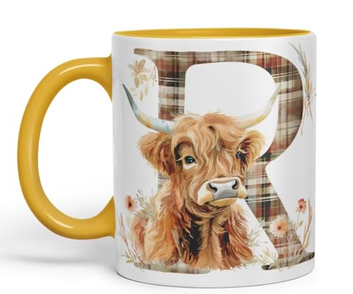 Image of Vixar Highland Cow Alphabet Monogram Coloured Ceramic Cup Mug – Letter R – Rustic Farmhouse Animal Letter Gift – 11oz (Gold Yellow)