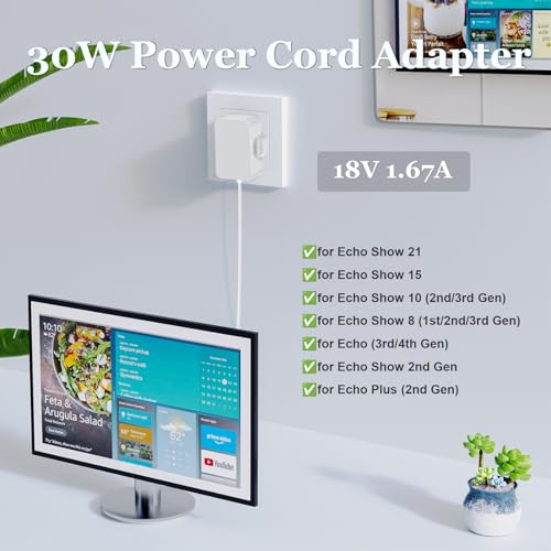 30W Power Adapter for Echo Show 8, Echo Show 10, Echo Show 15, Echo Show 21, Echo(3./4. Gen), Echo Show (2. Gen.), Echo Plus (2. Gen) Charger, 1.5M Power Cord, White - Image 5