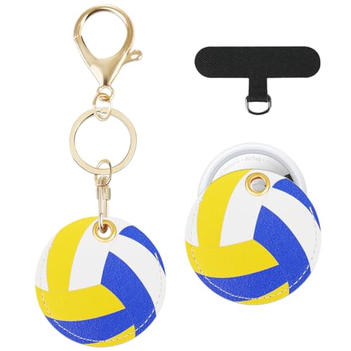Volleyball Keychain Holder for AirTag, Premium PU Leather GPS Tracker Case with Phone Lanyard Tether Tab, Anti-Scratch Protective Cover for Keys, Kids Backpack, Luggage - Sports Gift for Girls & Boys